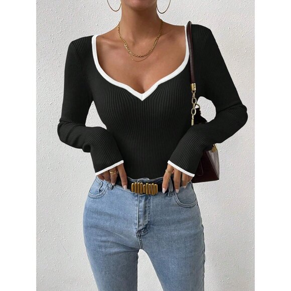 Black Contrast Trim sweater top V-neck Fitted Plazacore Business Minimalist - Picture 1 of 3